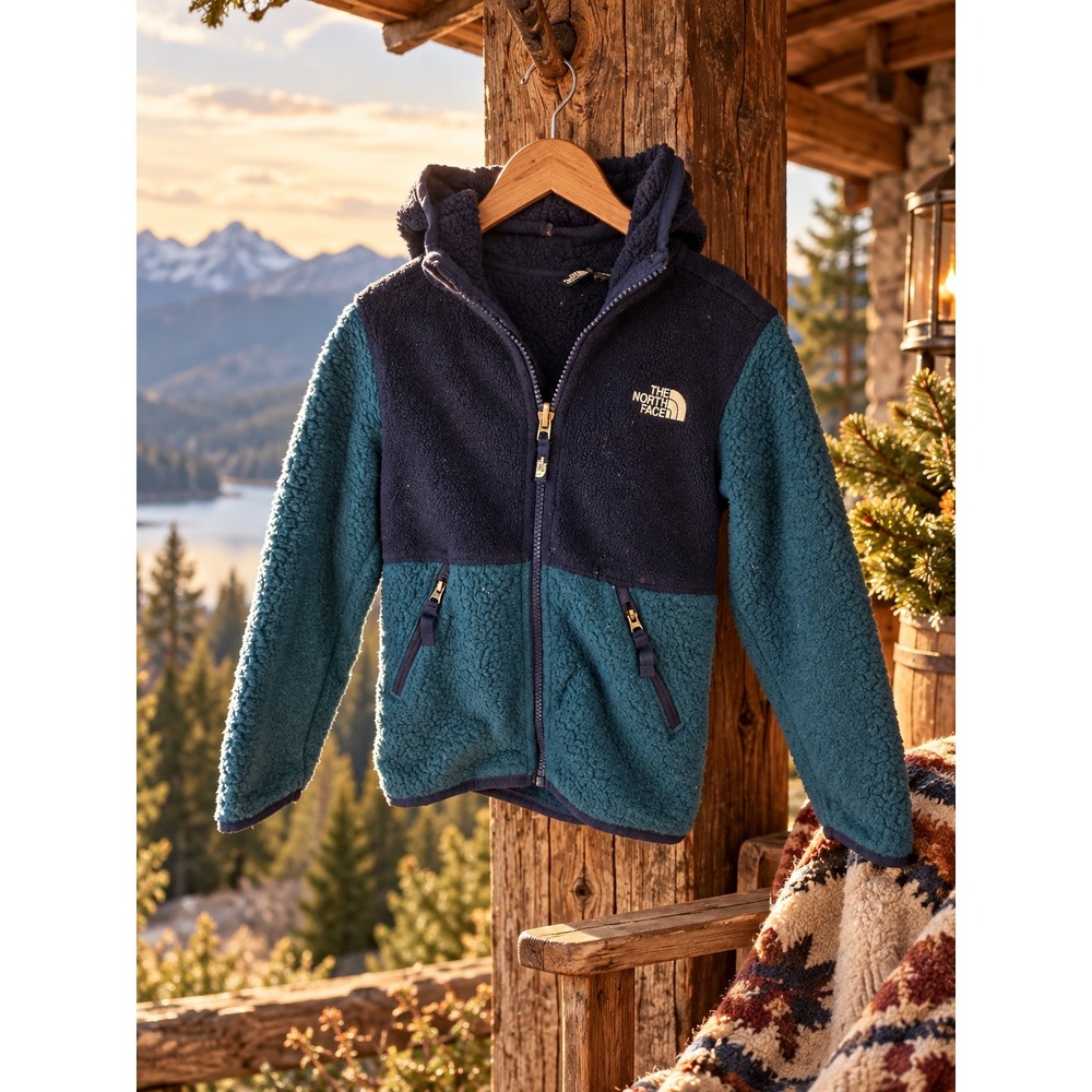 The North Face Boys XXS 5 Denali High Pile Fleece Jacket Hooded Navy Teal Blue
